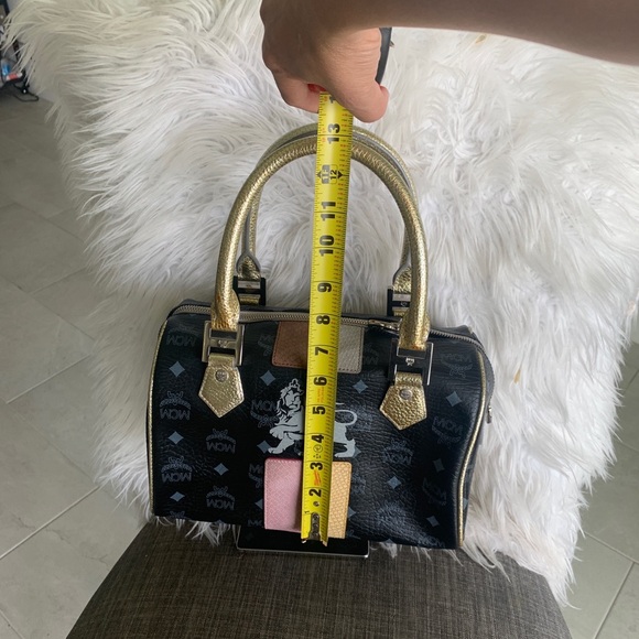 MCM Black Logo Leather Satchel with Gold Handles and Pink, Tan, Cream Panels - Picture 9 of 12